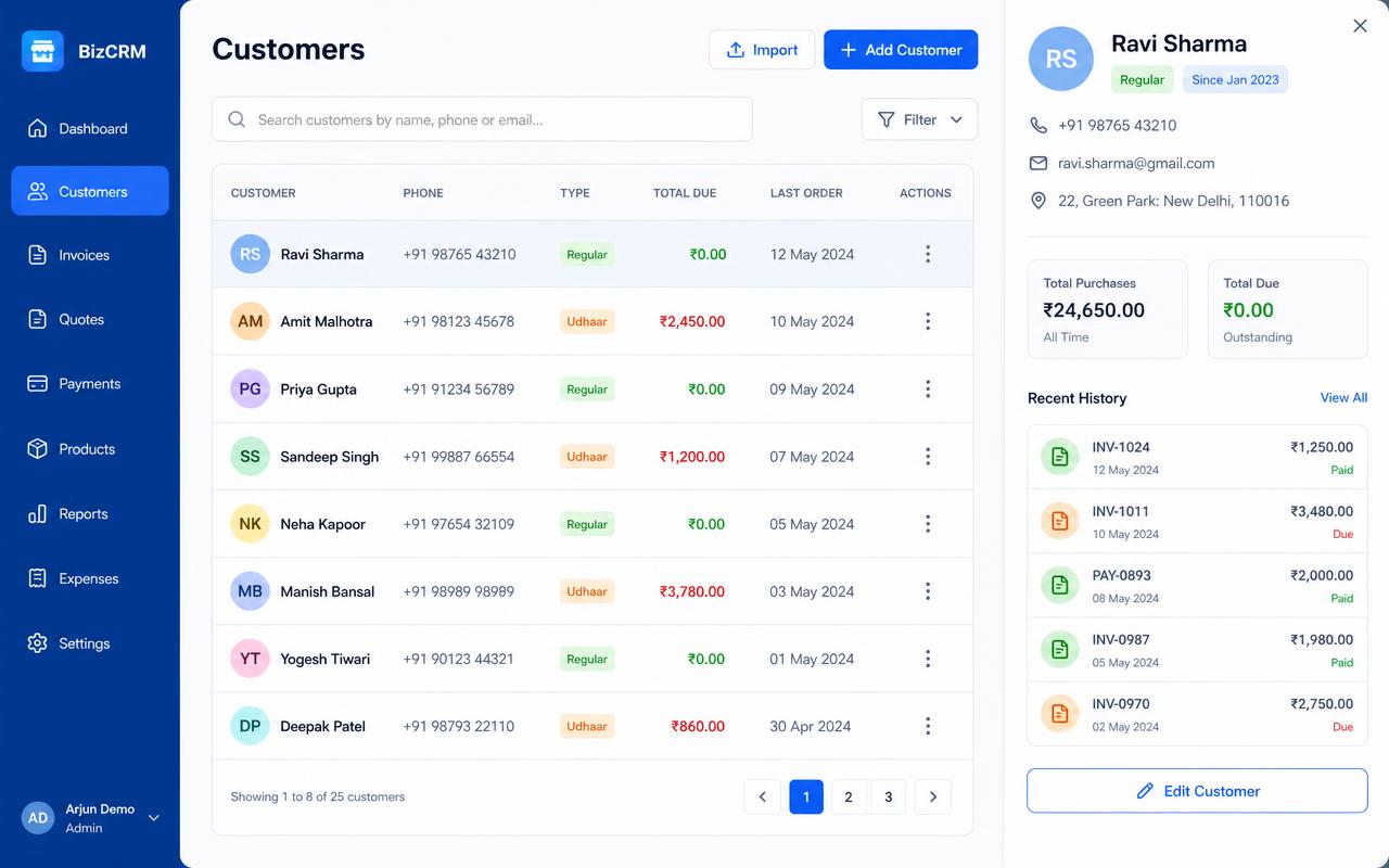 Customer list with phone numbers, tags and a customer profile panel