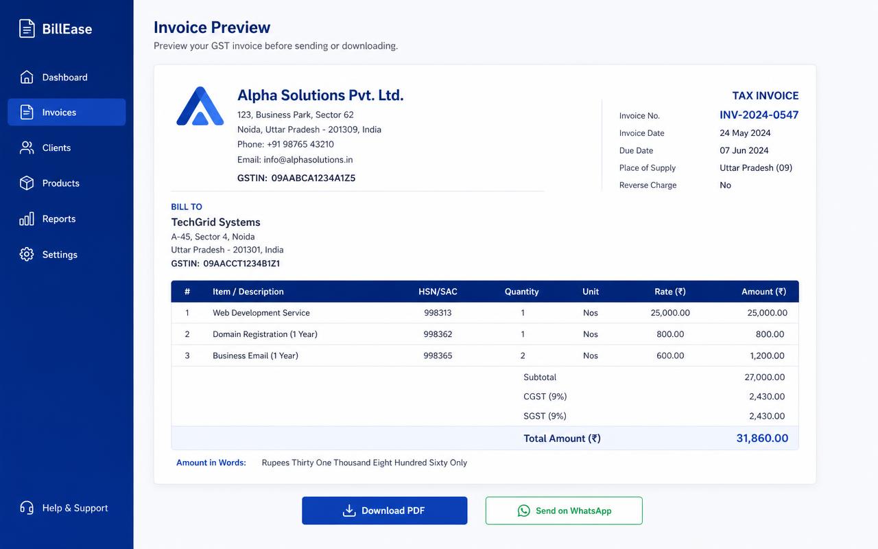 GST tax invoice preview with line items and total